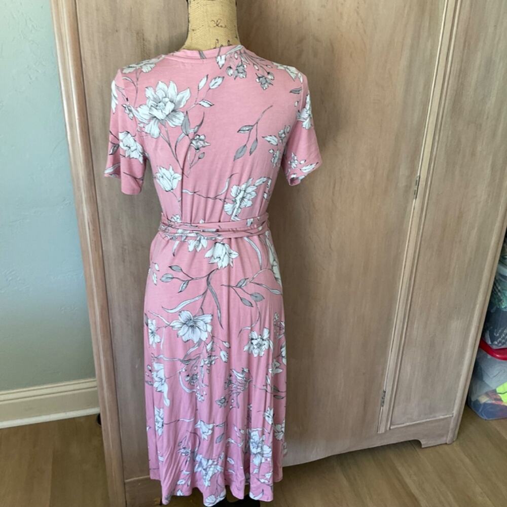MATTY M Blush Pink faux wrap Dress Short Sleeve Jersey floral Cottagecore  L - Picture 9 of 14